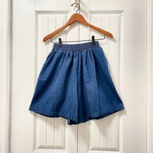 High Waist Flouncy Chambray Denim Shorts Navy